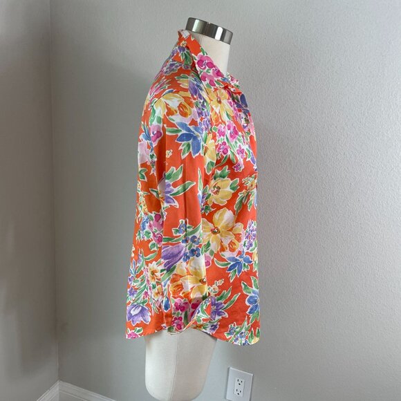 Lauren Ralph Lauren Womens Small Floral Button Up Shirt Vibrant Orange Blouse - Picture 6 of 7